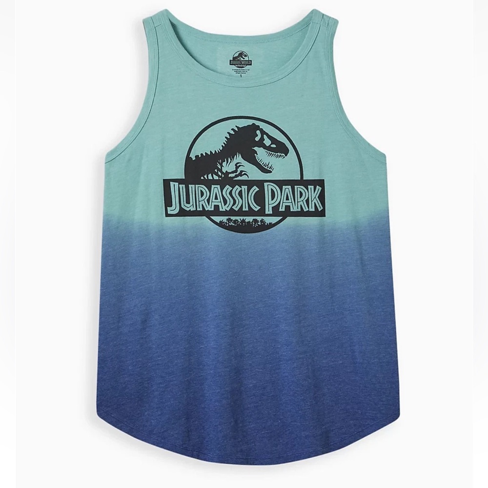 Torrid Jurassic Park Dominion Tank Triblend Jersey Dip Dye Blue Green 2X EUC